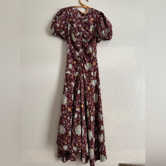 Ulla Johnson Heleen Ruched Silk Long Floral Print Midi Dress - Picture 6 of 9